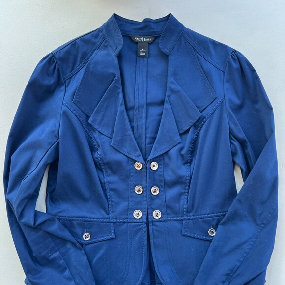 White House Black Market Feminine Ruffled Navy Military Jacket Romantic Sz 6 - Picture 2 of 16